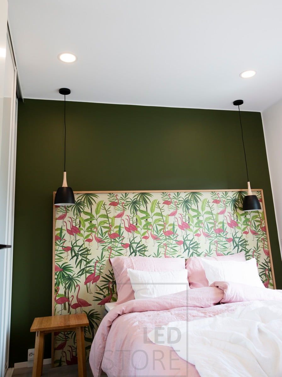 In the bedroom, LED ceiling lights as general lighting. Pendant lights on both sides of the bed as reading lights. Ledstore.fi